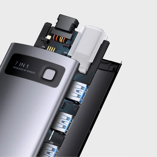 Baseus Metal Gleam Series 7 az 1-ben dokkoló, HUB USB Type C - 2 x HDMI / 3 x USB 3.2 Gen. 1/1 x Power Delivery / 1 x RJ-45 Ethernet szürke (WKWG040113) - 13