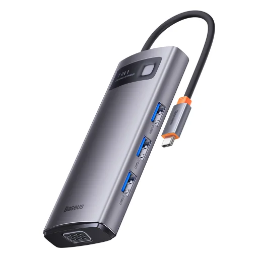 Baseus Metal Gleam Series 7 az 1-ben dokkoló, HUB USB Type C - 1 x HDMI / 1 x VGA / 3 x USB 3.2 Gen. 1/1 x Power Delivery / 1 x RJ-45 Ethernet szürke (WKWG040013) - 1
