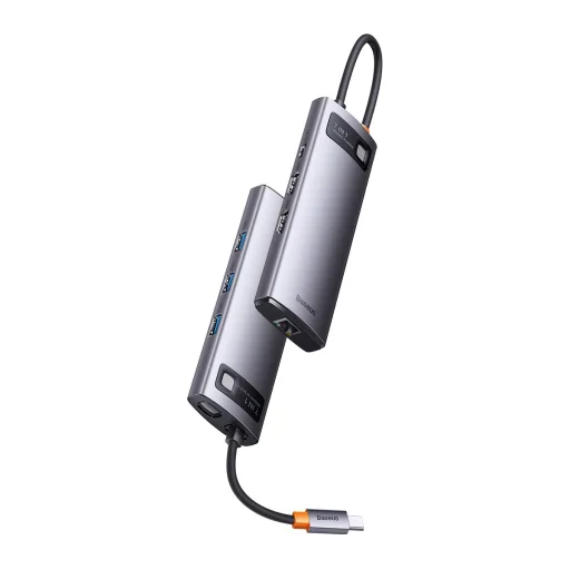 Baseus Metal Gleam Series 7 az 1-ben dokkoló, HUB USB Type C - 2 x HDMI / 3 x USB 3.2 Gen. 1/1 x Power Delivery / 1 x RJ-45 Ethernet szürke (WKWG040113) - 12