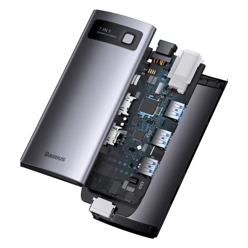 Baseus Metal Gleam Series 7 az 1-ben dokkoló, HUB USB Type C - 2 x HDMI / 3 x USB 3.2 Gen. 1/1 x Power Delivery / 1 x RJ-45 Ethernet szürke (WKWG040113) - 22