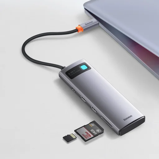 Baseus Metal Gleam Series 8 az 1-ben dokkoló, HUB USB Type C - 2 x HDMI / 3 x USB 3.2 Gen.1 / 1 x Power Delivery / 1 x SD kártyaolvasó / 1 x microSD kártyaolvasó szürke (WKWG050113) - 11