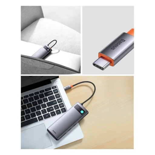 Baseus Metal Gleam Series 8 az 1-ben dokkoló, HUB USB Type C - 2 x HDMI / 3 x USB 3.2 Gen.1 / 1 x Power Delivery / 1 x SD kártyaolvasó / 1 x microSD kártyaolvasó szürke (WKWG050113) - 24