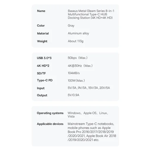 Baseus Metal Gleam Series 8 az 1-ben dokkoló, HUB USB Type C - 2 x HDMI / 3 x USB 3.2 Gen.1 / 1 x Power Delivery / 1 x SD kártyaolvasó / 1 x microSD kártyaolvasó szürke (WKWG050113) - 6