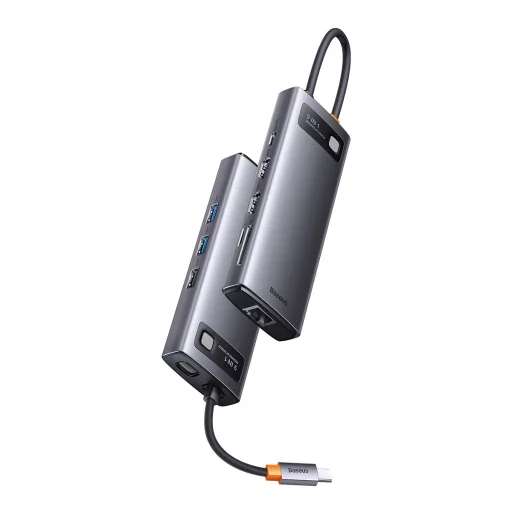 Baseus Metal Gleam Series 9 az 1-ben dokkoló, HUB USB Type C - 2 x HDMI / 2 x USB 3.2 Gen. 1/1 x USB 2.0 / 1 x Power Delivery / 1 x SD kártyaolvasó / 1 x microSD kártyaolvasó / 1 x RJ-45 szürke (WKWG060013) - 7