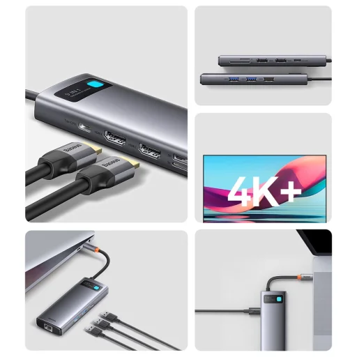 Baseus Metal Gleam Series 9 az 1-ben dokkoló, HUB USB Type C - 2 x HDMI / 2 x USB 3.2 Gen. 1/1 x USB 2.0 / 1 x Power Delivery / 1 x SD kártyaolvasó / 1 x microSD kártyaolvasó / 1 x RJ-45 szürke (WKWG060013) - 9