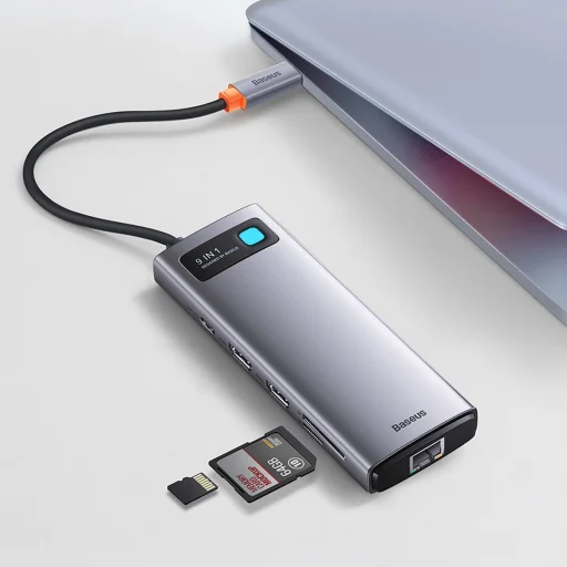 Baseus Metal Gleam Series 9 az 1-ben dokkoló, HUB USB Type C - 2 x HDMI / 2 x USB 3.2 Gen. 1/1 x USB 2.0 / 1 x Power Delivery / 1 x SD kártyaolvasó / 1 x microSD kártyaolvasó / 1 x RJ-45 szürke (WKWG060013) - 13
