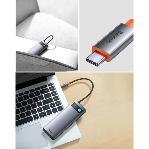 Baseus Metal Gleam Series 9 az 1-ben dokkoló, HUB USB Type C - 2 x HDMI / 2 x USB 3.2 Gen. 1/1 x USB 2.0 / 1 x Power Delivery / 1 x SD kártyaolvasó / 1 x microSD kártyaolvasó / 1 x RJ-45 szürke (WKWG060013) - 17