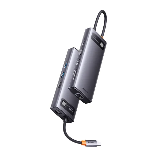 Baseus Metal Gleam Series 9 az 1-ben dokkoló, HUB USB Type C - 2 x HDMI / 2 x USB 3.2 Gen. 1/1 x USB 2.0 / 1 x Power Delivery / 1 x SD kártyaolvasó / 1 x microSD kártyaolvasó / 1 x RJ-45 szürke (WKWG060013) - 25
