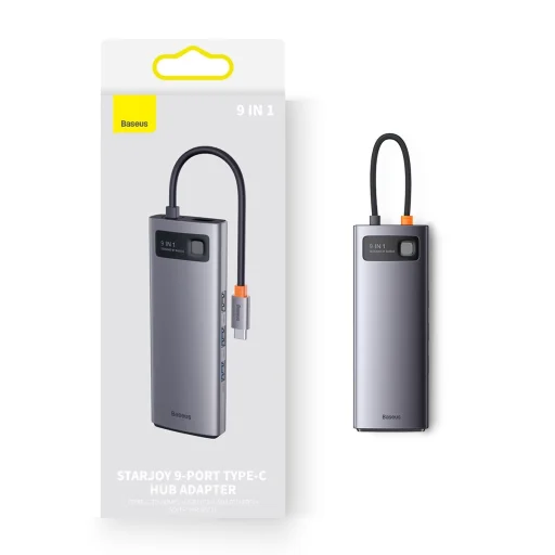 Baseus Metal Gleam Series 9 az 1-ben dokkoló, HUB USB Type C - 2 x HDMI / 2 x USB 3.2 Gen. 1/1 x USB 2.0 / 1 x Power Delivery / 1 x SD kártyaolvasó / 1 x microSD kártyaolvasó / 1 x RJ-45 szürke (WKWG060013) - 3