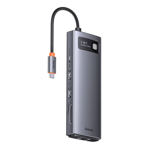 Baseus Metal Gleam Series 9 az 1-ben dokkoló, HUB USB Type C - 2 x HDMI / 2 x USB 3.2 Gen. 1/1 x USB 2.0 / 1 x Power Delivery / 1 x SD kártyaolvasó / 1 x microSD kártyaolvasó / 1 x RJ-45 szürke (WKWG060013) - 1