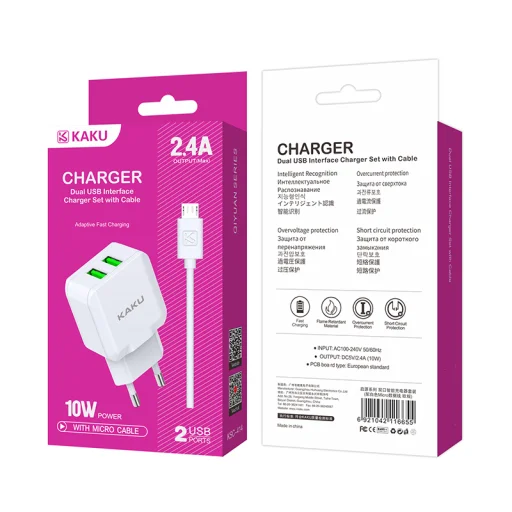 Kaku Qiyuan hálózati töltő adapter 2xUSB 10W 2.4 A + USB-microUSB kábel fehér - 4