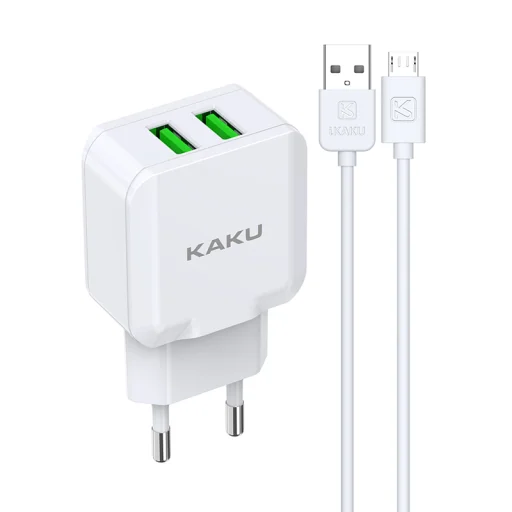 Kaku Qiyuan hálózati töltő adapter 2xUSB 10W 2.4 A + USB-microUSB kábel fehér - 5