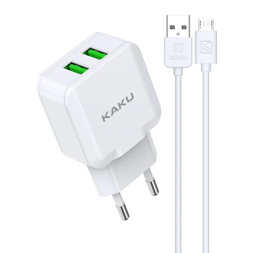 Kaku Qiyuan hálózati töltő adapter 2xUSB 10W 2.4 A + USB-microUSB kábel fehér - 1
