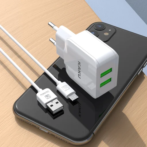 Kaku Qiyuan hálózati töltő adapter 2xUSB 10W 2.4 A + USB-microUSB kábel fehér - 2