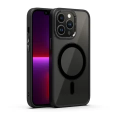 iPhone 14 Pro Max MagSafe-kompatibilis átlátszó tok fekete kerettel + fekete kerettel a kamerák körül Alphajack