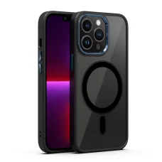 iPhone 14 Plus MagSafe-kompatibilis átlátszó tok fekete kerettel + kék kerettel a kamerák körül Alphajack