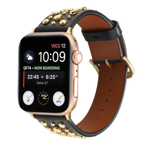 Apple Watch 4/5/6/7/8/SE (38/40/41mm) szegecses bőr óraszíj fekete Alphajack - 1