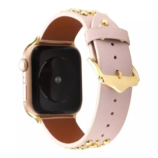 Apple Watch 4/5/6/7/8/SE (38/40/41mm) szegecses bőr óraszíj rózsaszín Alphajack - 5