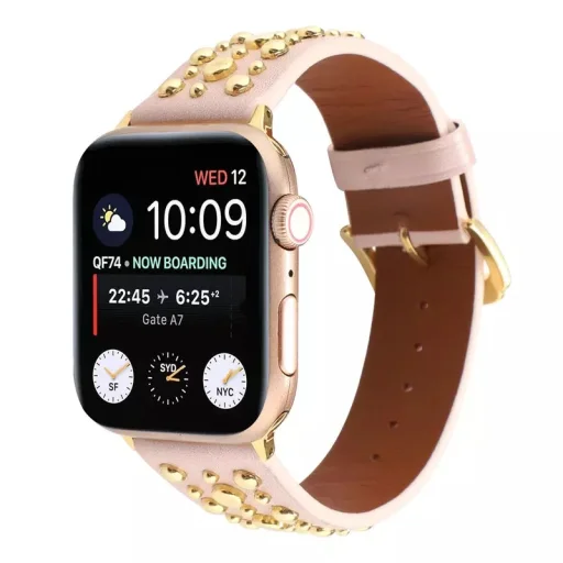 Apple Watch 4/5/6/7/8/SE (38/40/41mm) szegecses bőr óraszíj rózsaszín Alphajack - 1