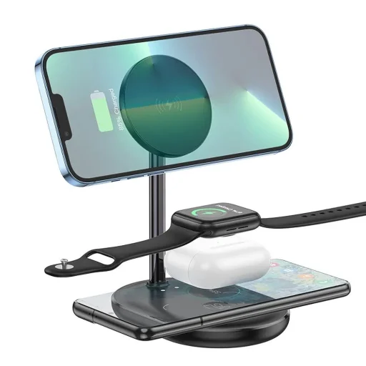 HOCO CW40 asztali tartó vezeték nélküli töltéssel, Magsafe 3 az 1-ben fekete töltőállomás - 1