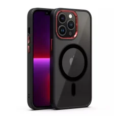 iPhone 14 Plus MagSafe-kompatibilis átlátszó tok fekete kerettel + piros kerettel a kamerák körül Alphajack