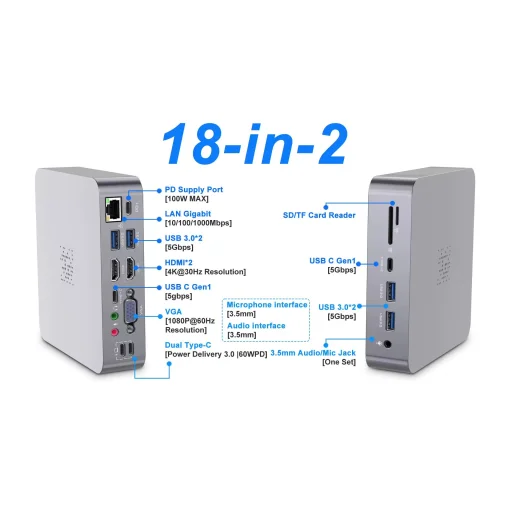 ROCKETEK MH480 18 az 1-ben többfunkciós dokkolóállomás, HUB Dual USB Type C 100W PD MacBookhoz - 5