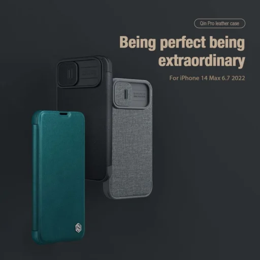 iPhone 14 Plus Nillkin Qin Pro bőr szövet flip tok szürke - 5