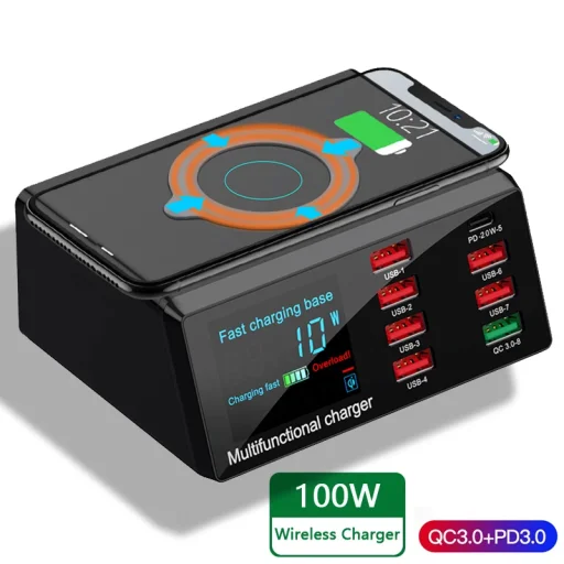 Töltőállomás X9 7xUSB + Type C 100W PD QC 3.0 + indukciós töltés - 4