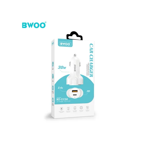 BWOO autós töltő CC58 PD 18W 1x USB-C 1x USB 2.4A fehér - 2