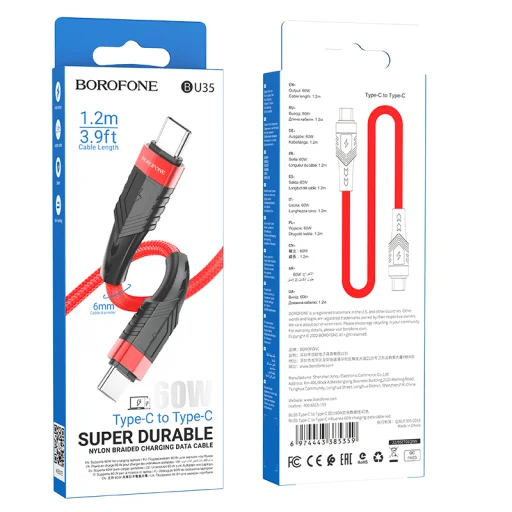 Borofone BU35 Influence Type C - Type C kábel 60W 3A 1.2m piros - 2