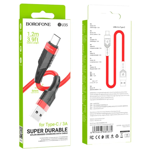 Borofone BU35 Influence USB - Type C kábel 3A 1.2m piros - 2
