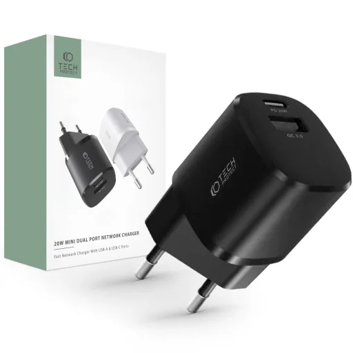 Tech-Protect C20W Mini 2-portos hálózati töltő PD20W/QC3.0 fekete - 1