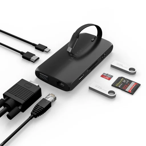 Satechi USB-C On-the-go többportos adapter, HUB elosztó (1xHDMI, 1xVGA, 1x USB-C PD, 1xGigabit Ethernet, 2x USB-A, 1xUSB-C, Micro/SD) - fekete (ST-UCMBAK) - 4