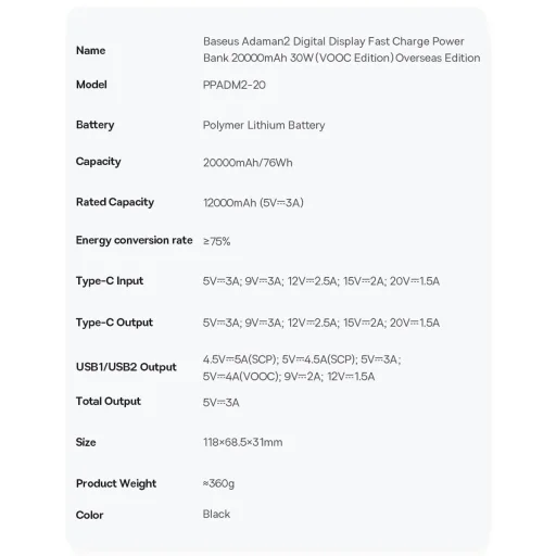  Baseus PowerBank 20000mAh Adaman2 Metal - 2xUSB + Type C - PD QC 3.0 30W Type C - Type C kábellel (PPAD050101) fekete  - 7