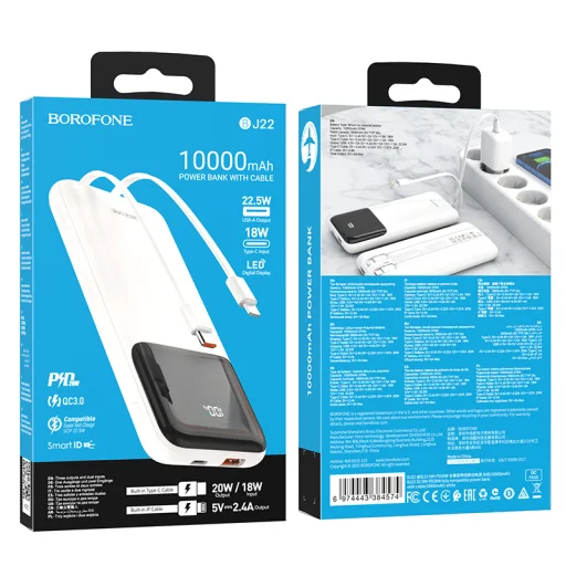 Borofone BJ22 Powerbank 10000mAh USB PD QC 3.0 22,5W+ beépített Type C és Lightning kábel fehér - 3
