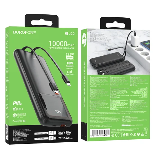 Borofone BJ22 Powerbank 10000mAh USB PD QC 3.0 22,5W+ beépített Type C és Lightning kábel fekete - 4