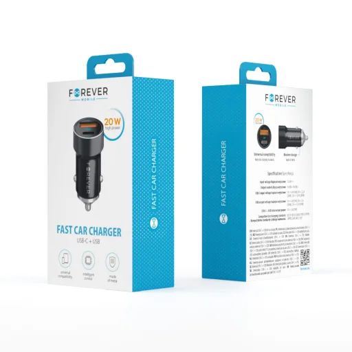 Forever autós töltő PD QC CC-06 1x USB-C 1x USB 20W fekete - 4