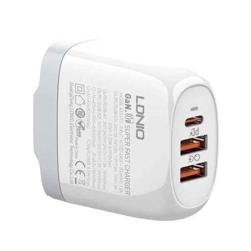 LDNIO A3511Q GaN hálózati töltő adapter 2x USB + USB-C, 65W fehér - 4