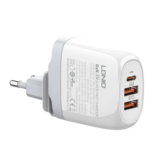 LDNIO A3511Q GaN hálózati töltő adapter 2x USB + USB-C, 65W fehér - 1