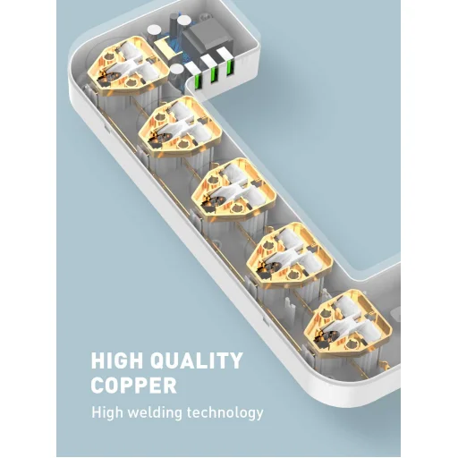 LDNIO SE5334/SC5309 hálózati elosztó 5 AC aljzattal, 3x USB, 2m fehér kábelrendező dobozzal - 12