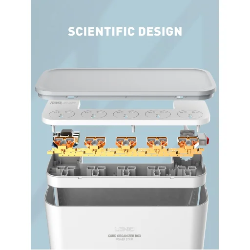 LDNIO SE5334/SC5309 hálózati elosztó 5 AC aljzattal, 3x USB, 2m fehér kábelrendező dobozzal - 13