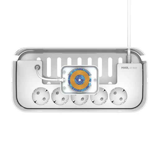 LDNIO SEW5359 hálózati elosztó 5 AC aljzattal, 3x USB, vezetél nélküli töltéssel, 2m fehér kábelrendező dobozzal - 3