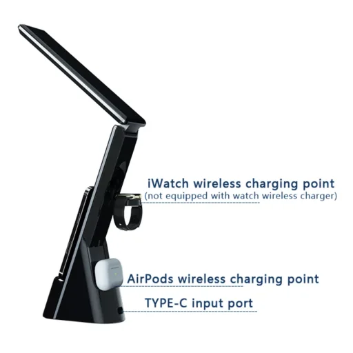 3 az 1-ben összecsukható asztali LED lámpa, vezeték nélküli töltőállomás 15W fekete (iPhone, Apple Watch, AirPods) - 3