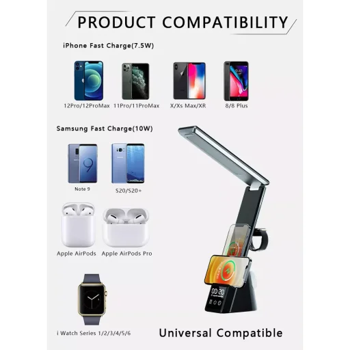 3 az 1-ben összecsukható asztali LED lámpa, vezeték nélküli töltőállomás 15W fekete (iPhone, Apple Watch, AirPods) - 7