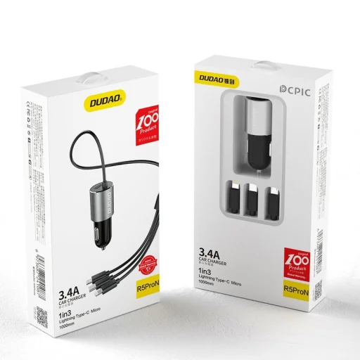 Dudao 3in1 USB autós telefontöltő 3,4 A beépített kábellel Lightning / USB Type C / micro USB fekete (R5ProN) szivargyújtós - 2