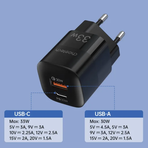 Choetech USB fali gyorstöltő USB Type C PD QC 33W fekete (PD5006) - 6