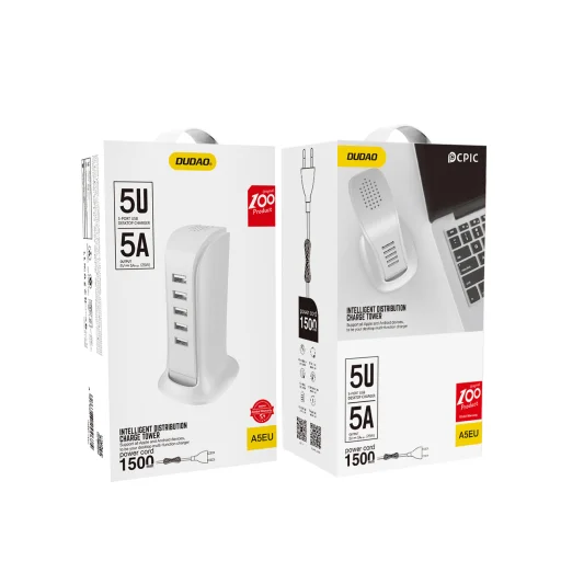 Töltőállomás hálózati 5x USB beépített tápkábellel EU fehér (A5EU) 25W - 6