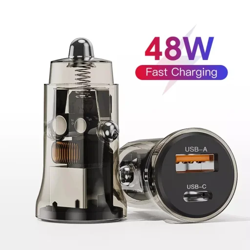 Autós szivargyújtós töltő USB-A + USB Type-C, QC3.0 PD 48W, átlátszó - 5