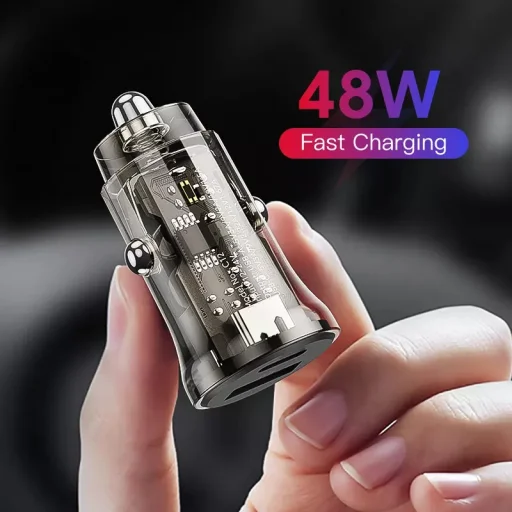 Autós szivargyújtós töltő USB-A + USB Type-C, QC3.0 PD 48W, átlátszó - 6