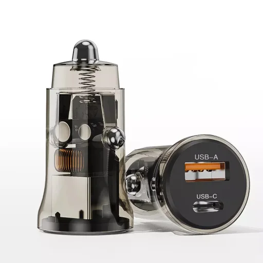 Autós szivargyújtós töltő USB-A + USB Type-C, QC3.0 PD 48W, átlátszó - 1